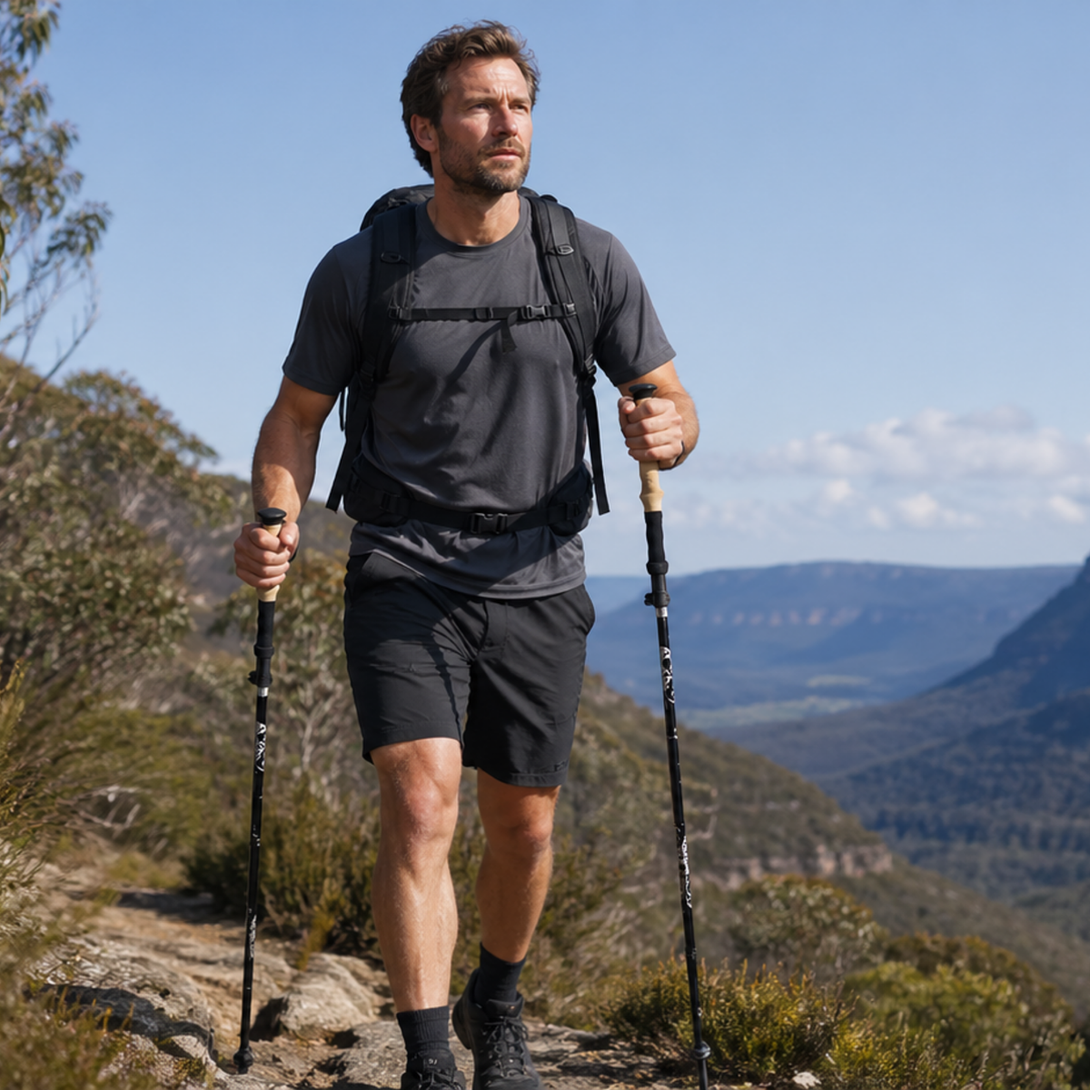 Hiker using Hagell hiking poles on an Australian mountain trail